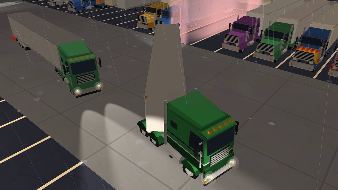 A green cabover tractor pulling forward under a lamp at night