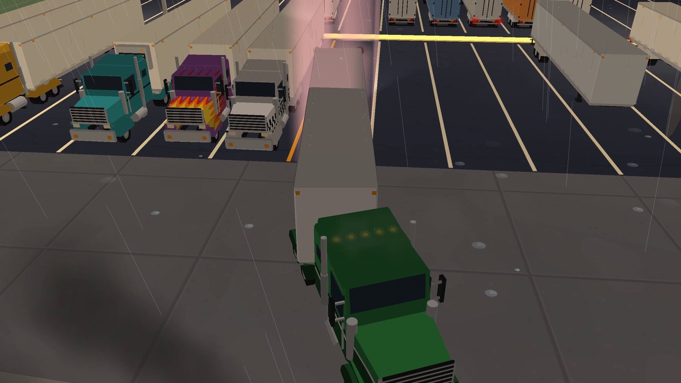 Top-down view of a tractor-trailer reversing into a stall at night, the lot lit by its own lamps